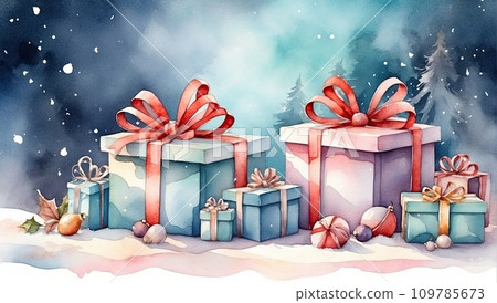 Watercolor Christmas background with gift boxes with bows in delicate pink, beige, blue tones, bokeh and fairy light. Festive mood Christmas and New Year Watercolor Christmas background with gift boxes with bows in delicate pink, beige, blue tones, bokeh and fairy light. Festive mood Christmas and New Year 109785673