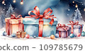 Watercolor Christmas background with gift boxes with bows in delicate pink, beige, blue tones, bokeh and fairy light. Festive mood Christmas and New Year 109785679