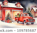 Watercolour red retro Christmas truck with gifts and a Christmas tree in the back near a decorated house in winter with snow. A holiday card for Christmas and New Year. 109785687