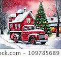 A red retro Christmas truck with gifts and a Christmas tree in the back near a decorated house in winter with snow. A holiday card for Christmas and New Year. 109785689