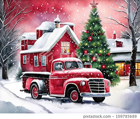 A red retro Christmas truck with gifts and a Christmas tree in the back near a decorated house in winter with snow. A holiday card for Christmas and New Year. A red retro Christmas truck with gifts and a Christmas tree in the back near a decorated house in winter with snow. A holiday card for Christmas and New Year. 109785689