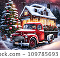 A red retro Christmas truck with gifts and a Christmas tree in the back near a decorated house in winter with snow. A holiday card for Christmas and New Year. 109785693