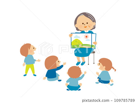 Kamishibai - Seniors and kindergarten children reading aloud - Illustration material Kamishibai - Seniors and kindergarten children reading aloud - Illustration material 109785789