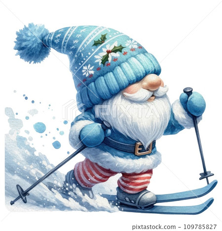 Blue Winter Gnome Wonderland Watercolor Illustration. Cute Whimsical Sublimation Clipart. 109785827