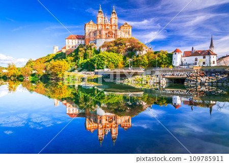 Melk Abbey, Austria. Stift Melk reflected in the water of Danube River, scenic Wachau Valley. Melk Abbey, Austria. Stift Melk reflected in the water of Danube River, scenic Wachau Valley. 109785911