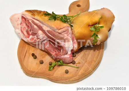 Pork shank, part of a pork carcass, top view. 109786010