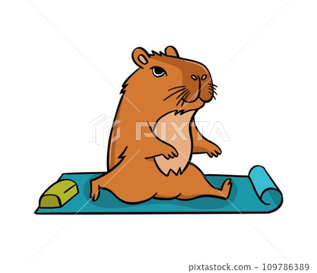 A cute capybara does yoga on a mat. Vector illustration flat style 109786389
