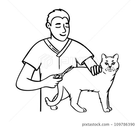 Pet grooming cat. Salon for animals. Doodle style animal and character hand drawn. Vector illustration. 109786390