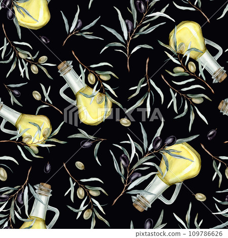 Seamless pattern with Olive oil in glass bottle. Hand drawn illustration isolated background. Natural fresh organic yellow vegetable oil in jar realistic watercolor image. Pure vegan seasoning. Seamless pattern with Olive oil in glass bottle. Hand drawn illustration isolated background. Natural fresh organic yellow vegetable oil in jar realistic watercolor image. Pure vegan seasoning. 109786626