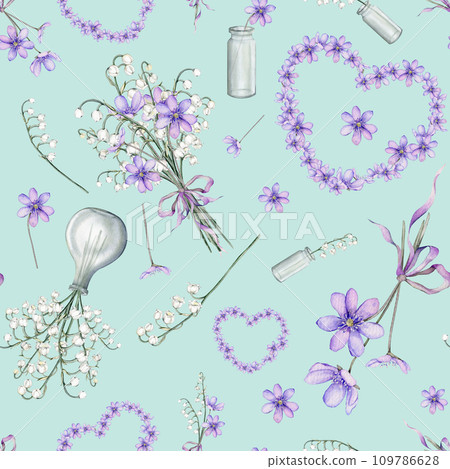 Seamless pattern wallpaper watercolor spring flowers. Heart coppice first lilac spring flowers. Delicate lily of the valley. Illustration hand drawn texture with white and violet flowers. Valentine 109786628