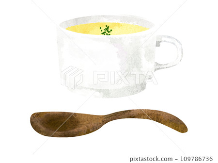 Corn potage soup with soup cup and wooden spoon painted by watercolor 109786736