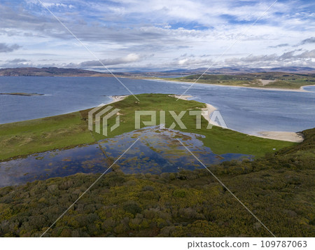 Aerial view of Castlegoland hill by Portnoo - County Donegal, Ireland. Aerial view of Castlegoland hill by Portnoo - County Donegal, Ireland. 109787063