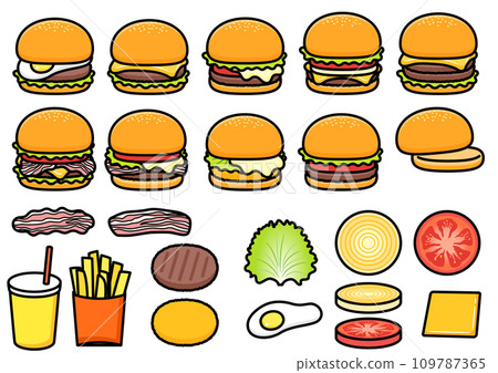 Illustration set of various hamburger ingredients Illustration set of various hamburger ingredients 109787365