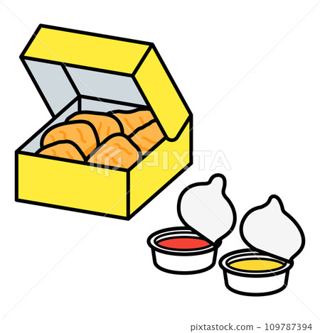 一盒雞塊、醬汁和番茄醬 一盒雞塊、醬汁和番茄醬 109787394