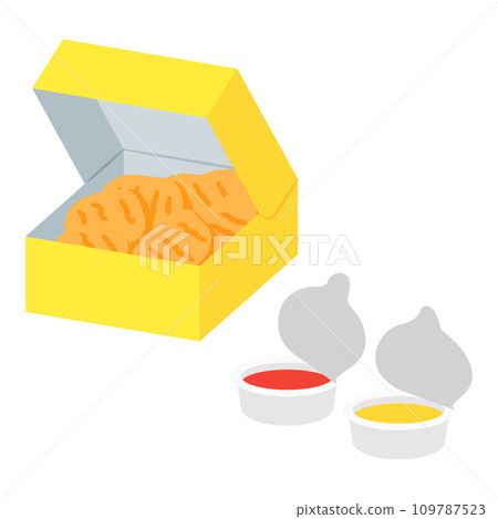 Box of chicken nuggets, sauce and ketchup 109787523