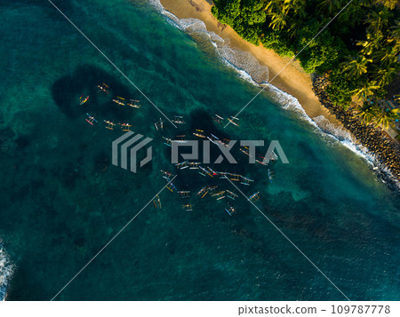 Tropical beach aerial view with turquoise ocean and oruwa boats, serene coastline with palm trees, summer travel destination. Fishermen catch fish on outrigged canoe. Traditional fishing. Drone shot. Tropical beach aerial view with turquoise ocean and oruwa boats, serene coastline with palm trees, summer travel destination. Fishermen catch fish on outrigged canoe. Traditional fishing. Drone shot. 109787778