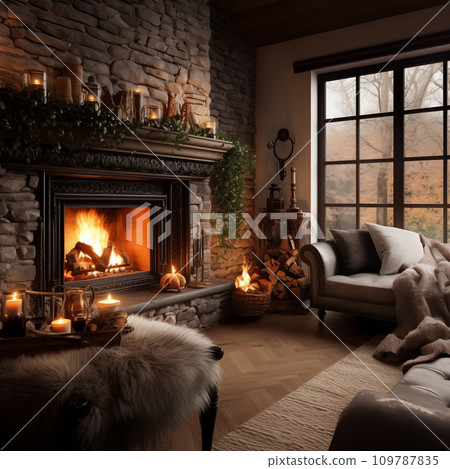 AI-generated content. Inviting living space with fireplace and cozy atmosphere for ultimate comfort. There is a large window in the room, and it is winter outside. Illustration for cover, interior AI-generated content. Inviting living space with fireplace and cozy atmosphere for ultimate comfort. There is a large window in the room, and it is winter outside. Illustration for cover, interior 109787835