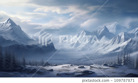 AI-generated content. Snow-covered landscapes, including mountains, forests, and fields. llustration for cover, interior design. AI generative. 109787871