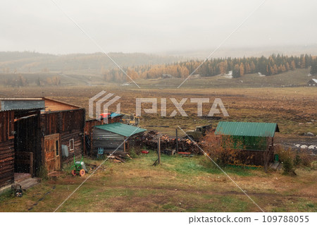 Late Autumn nostalgic rural landscape. Altai autumn farm. Snow is falling Late Autumn nostalgic rural landscape. Altai autumn farm. Snow is falling 109788055