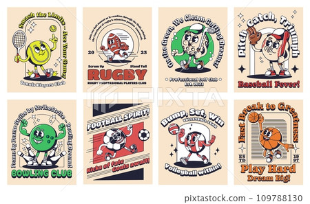 Cartoon sport posters. Retro playing ball card sticker with 1930s mascot character and slogans. Sports enthusiasts banners vector set Cartoon sport posters. Retro playing ball card sticker with 1930s mascot character and slogans. Sports enthusiasts banners vector set 109788130