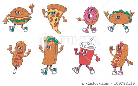 Cartoon street food mascots. Burger character, slice of pizza, doughnut and taco. Corn dog, burrito, soda drink and hot dog vector set Cartoon street food mascots. Burger character, slice of pizza, doughnut and taco. Corn dog, burrito, soda drink and hot dog vector set 109788139