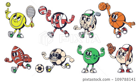 Cartoon sport ball mascot. Sports equipment characters for tennis, basketball, golf, volleyball, bowling, football and soccer design vector set Cartoon sport ball mascot. Sports equipment characters for tennis, basketball, golf, volleyball, bowling, football and soccer design vector set 109788141