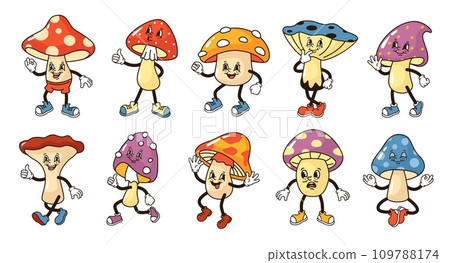 Cartoon mushroom characters. Groove fungi mascots, funny mushrooms with faces, hands and foots in 1930s rubber hose style vector set Cartoon mushroom characters. Groove fungi mascots, funny mushrooms with faces, hands and foots in 1930s rubber hose style vector set 109788174