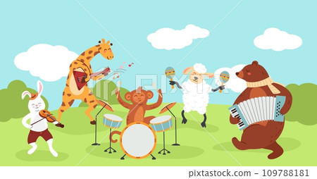 Cartoon forest animals concert. Cute zoo musicians play music with musical instruments, wild jazz band and wildlife characters musical performance vector illustration Cartoon forest animals concert. Cute zoo musicians play music with musical instruments, wild jazz band and wildlife characters musical performance vector illustration 109788181
