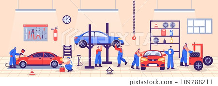 Auto repair service. Full-service auto workshop skilled mechanics, professional vehicle maintenance garage and care vector illustration 109788211
