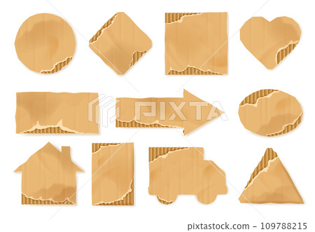 Cardboard shapes. Paperboard cutouts shapes of delivery truck, home icon, brown cardboard arrow and craft heart symbols isolated vector illustration set Cardboard shapes. Paperboard cutouts shapes of delivery truck, home icon, brown cardboard arrow and craft heart symbols isolated vector illustration set 109788215