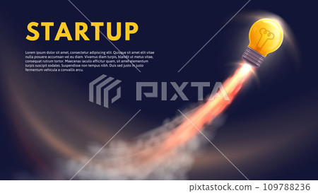 Launch idea. Run startup business, rocket boost for ideas and light bulb fly high vector illustration Launch idea. Run startup business, rocket boost for ideas and light bulb fly high vector illustration 109788236