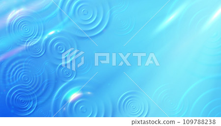 Top view rings on water. Rainy sunny day, radiant blue water surface with raindrops ripples circles vector background illustration Top view rings on water. Rainy sunny day, radiant blue water surface with raindrops ripples circles vector background illustration 109788238