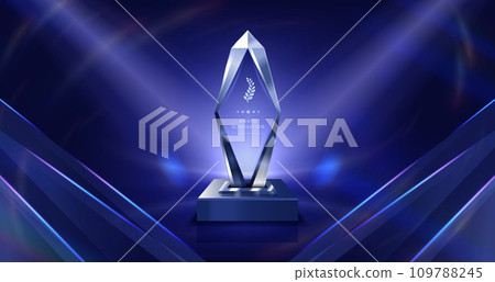 Premium victory trophy. Crystal success nomination, transparent glass award on dark background vector illustration Premium victory trophy. Crystal success nomination, transparent glass award on dark background vector illustration 109788245