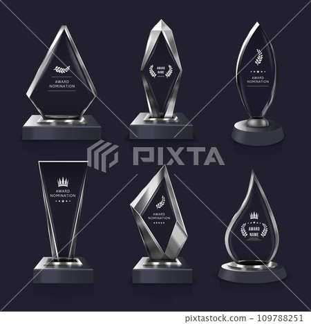 Glass award. Winner trophy plate, clear transparent achievement or nomination label isolated vector illustration template set Glass award. Winner trophy plate, clear transparent achievement or nomination label isolated vector illustration template set 109788251