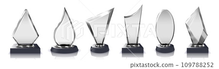 Glass trophy. Crystal transparent awards for ceremony, contest champion or award winner isolated vector illustration set Glass trophy. Crystal transparent awards for ceremony, contest champion or award winner isolated vector illustration set 109788252