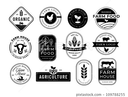 Stencil farm business emblems. Rancho mark, agriculture label and farm house branding template vector set 109788255