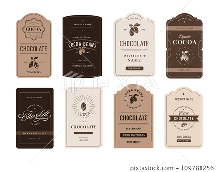 Cocoa label. Classic chocolate emblems with cocoa beans, artisanal product branding design template vector set 109788256