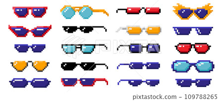 Pixel art sunglasses. Color 8 bit glasses for pranking memes, pixelated summer style eyeglasses vector set Pixel art sunglasses. Color 8 bit glasses for pranking memes, pixelated summer style eyeglasses vector set 109788265