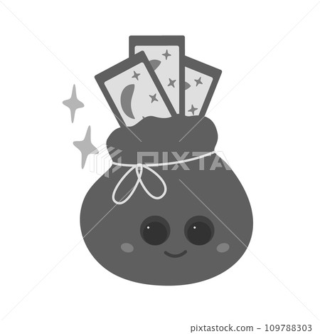Pouch with Tarot cards and decorative stars. Cute magic character in cartoon style in grayscale Pouch with Tarot cards and decorative stars. Cute magic character in cartoon style in grayscale 109788303