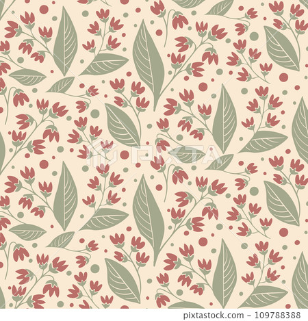 Floral abstract seamless pattern in vintage colors. Hand drawn flat abstract flowers, leaves. Trendy retro print design for textile, wallpaper, interior, wrapping 109788388