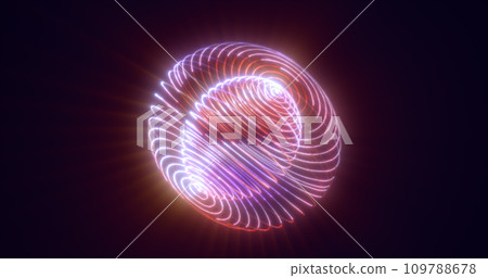 Abstract glowing looped light hi-tech energy purple round ball sphere atom clot of energy from lines and particles futuristic, abstract background 109788678