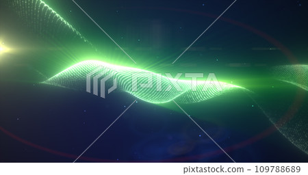 Green glowing energy bright waves from small particles and lines abstract background Green glowing energy bright waves from small particles and lines abstract background 109788689