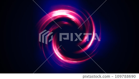 Looped twirl circle of stripes and lines of bright purple beautiful magical energy glowing neon, round frame. Abstract background 109788690