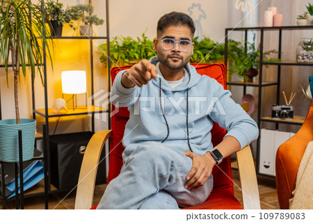 Strict unhappy man pointing finger to camera, looking angry, making choice, accusing for mistake 109789083
