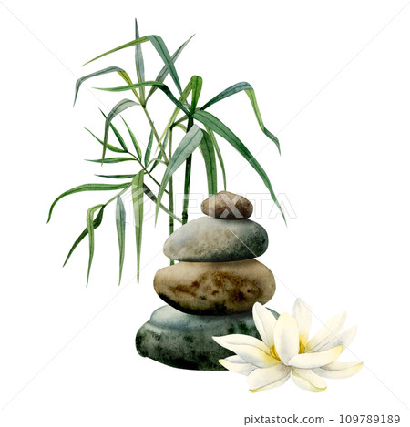 Lotus flower with balanced stones pyramid and bamboo realistic watercolor illustration isolated on white background for yoga, spa centers, Asian nature cosmetics and health care Lotus flower with balanced stones pyramid and bamboo realistic watercolor illustration isolated on white background for yoga, spa centers, Asian nature cosmetics and health care 109789189