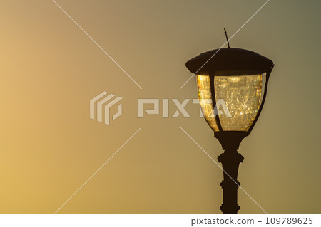 Street lamp on sunset background. Concept of design of the parks and walking streets. Maintenance of them. 109789625