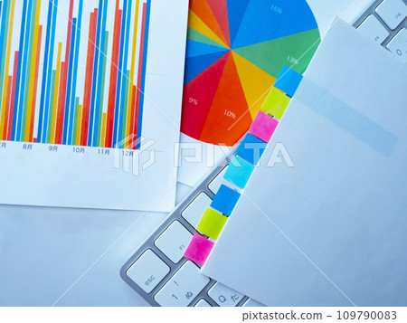 Graphs, documents and a keyboard on the table 109790083