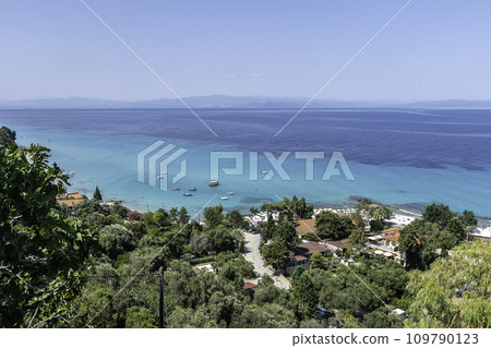Greece, Afytos, aerial view of the beach from the top of a hill Greece, Afytos, aerial view of the beach from the top of a hill 109790123