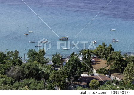 Greece, Afytos, aerial view of the beach from the top of a hill 109790124
