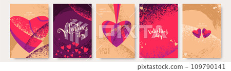 Heart pattern set vector illustration. Valentines Day bright posters with textured hearts, shapes, love quote, greeting text. Texture modern template for greeting post story, cover backgrounds 109790141
